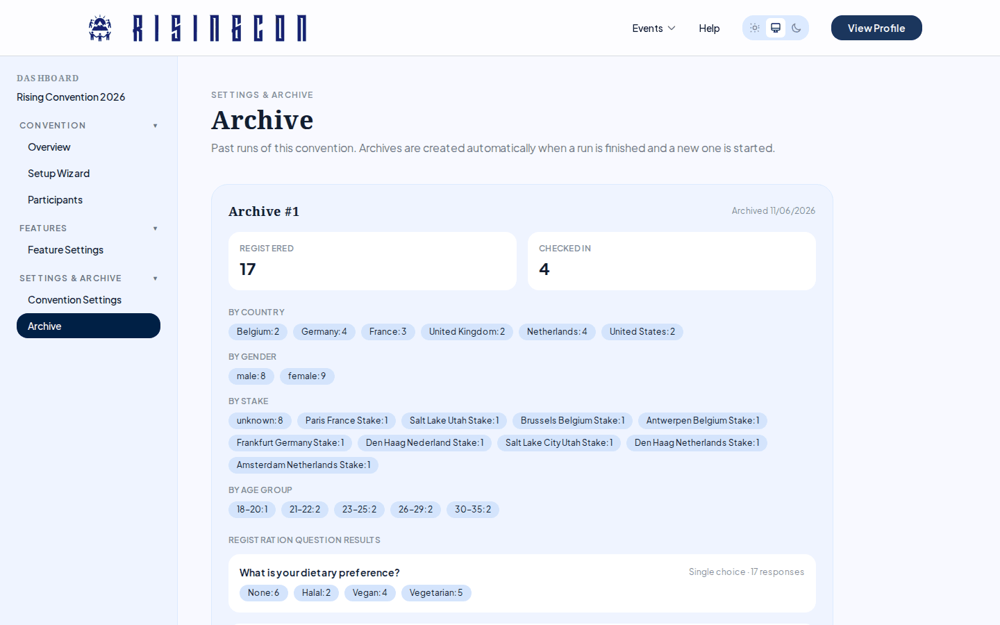 The Archive section showing a past run with registration window, participant counts, and demographic breakdowns