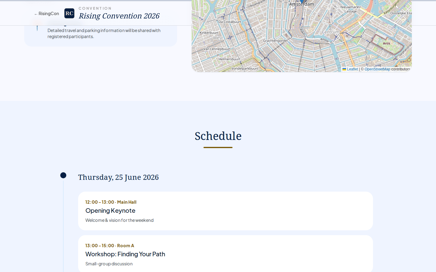 The convention details page showing the event header, location information, and a summary card with dates and fees