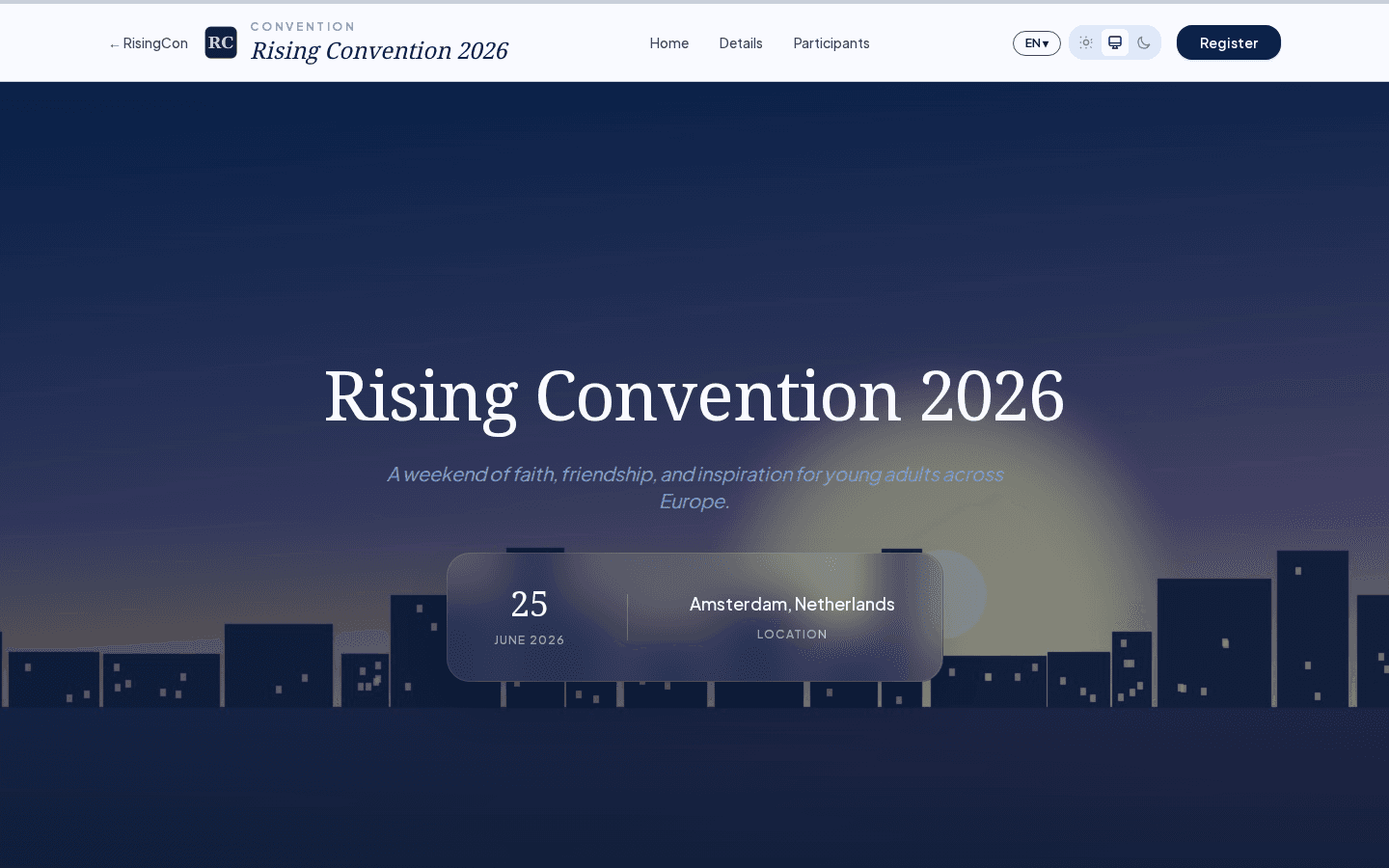 A convention home page showing a dark hero banner with the convention name, dates, and a Register button
