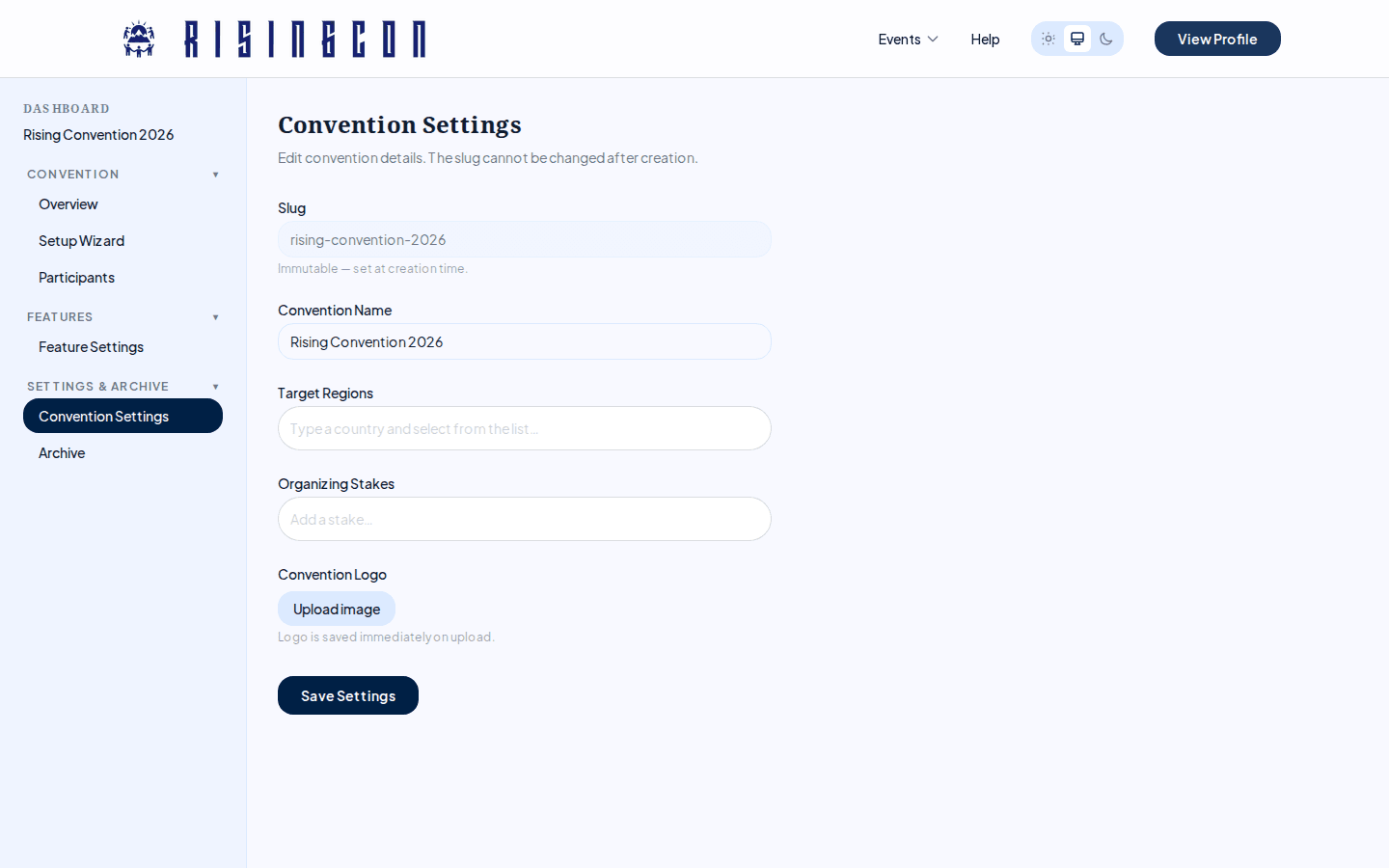 The Convention Settings page showing slug, convention name, target regions, and organizing stakes fields