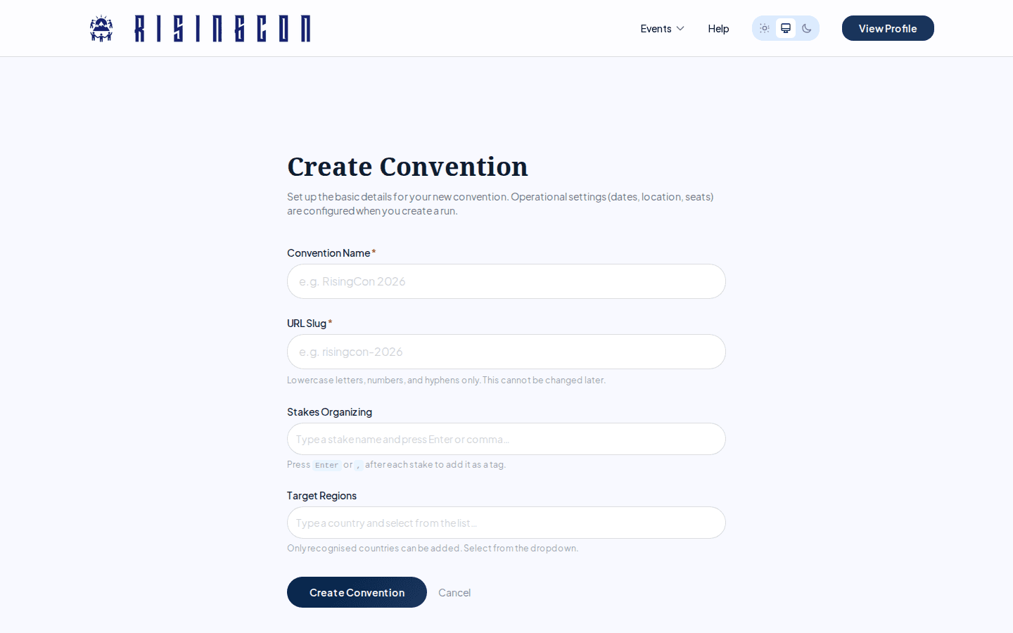 The Create Convention form with fields for Convention Name, URL Slug, Stakes Organizing, and Target Regions