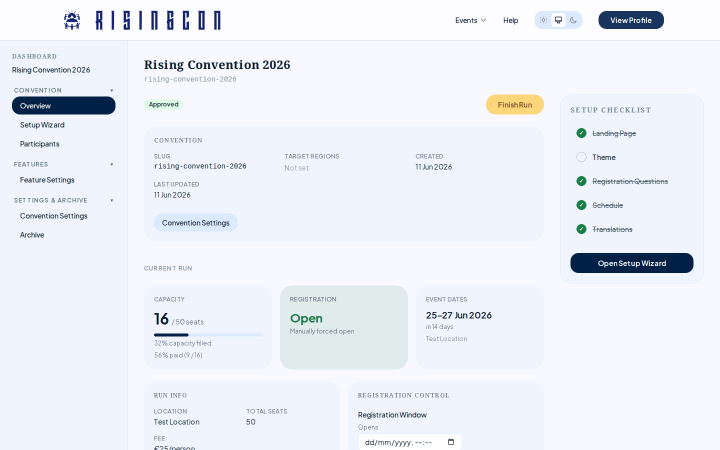 The organiser dashboard overview showing convention status, current run details, and the setup checklist