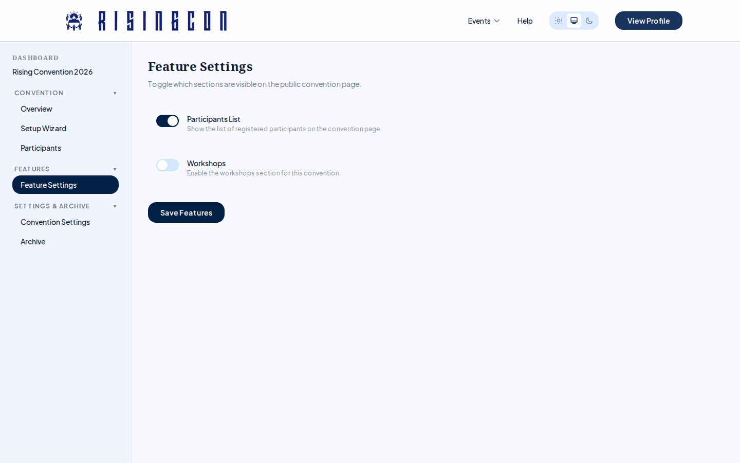 The Features settings page showing toggles for Participants List and Workshops