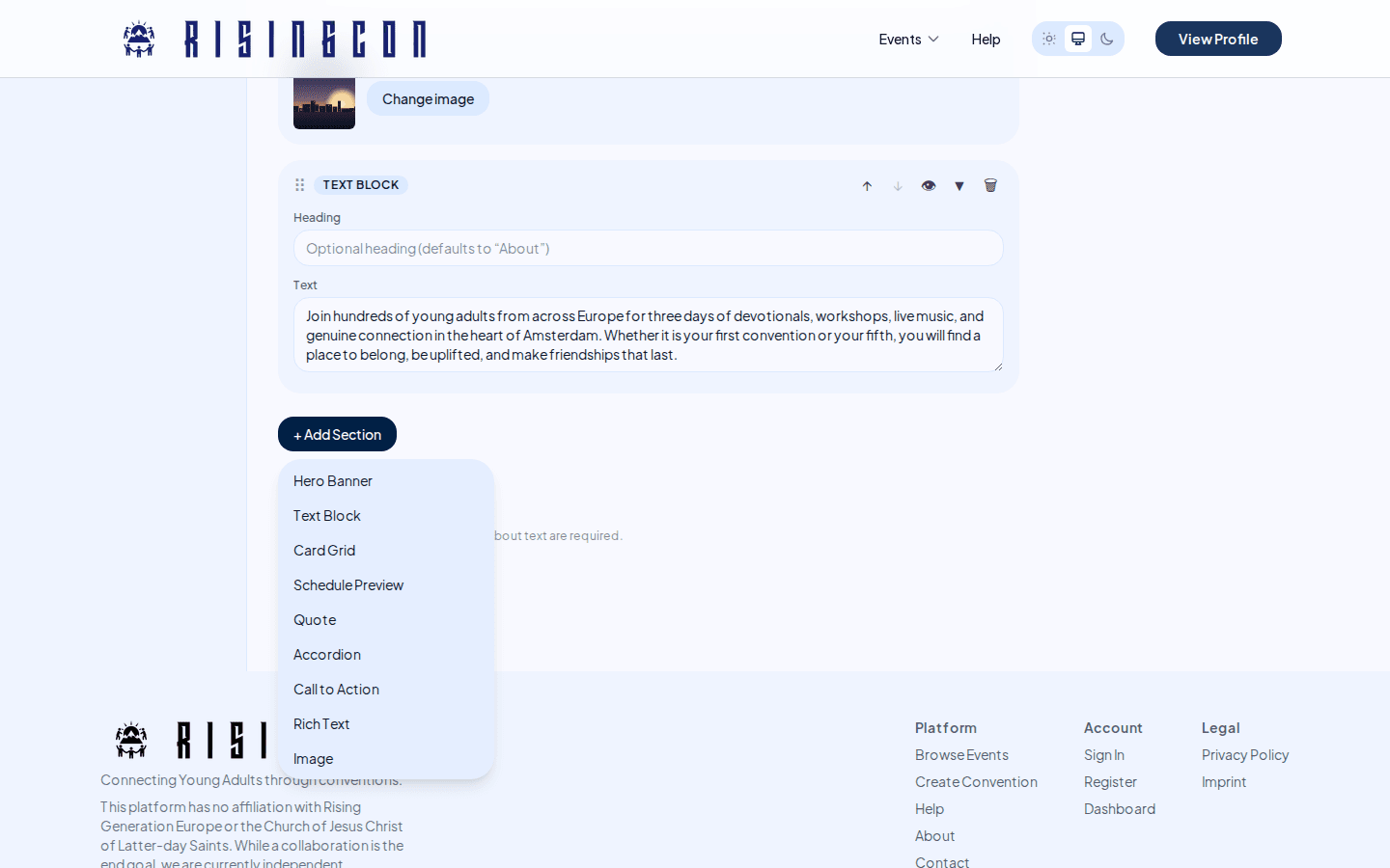 The landing page editor showing a list of section cards with editable fields and a version history below