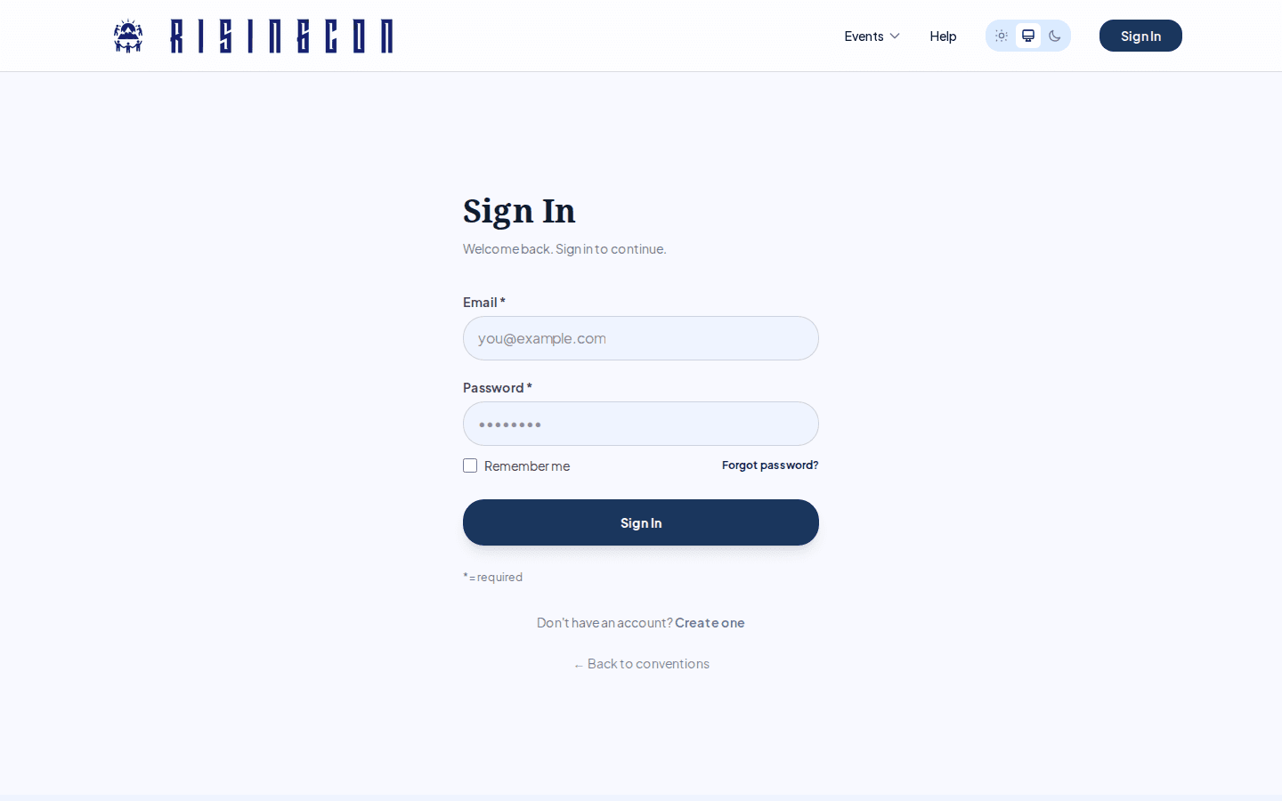The RisingCon sign-in page with email, password fields and a Sign In button