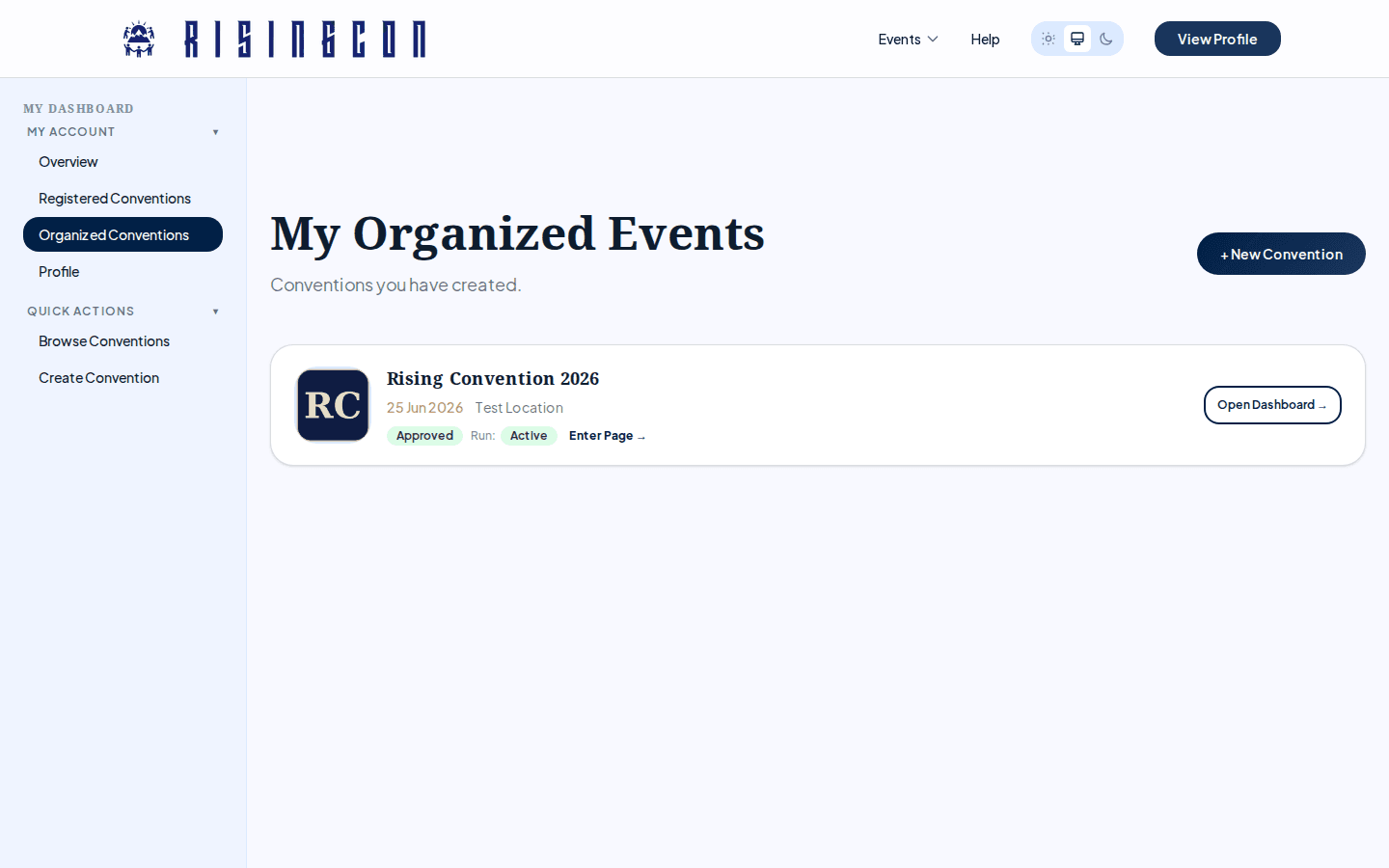 The My Conventions section of the dashboard showing convention cards with status badges and action buttons