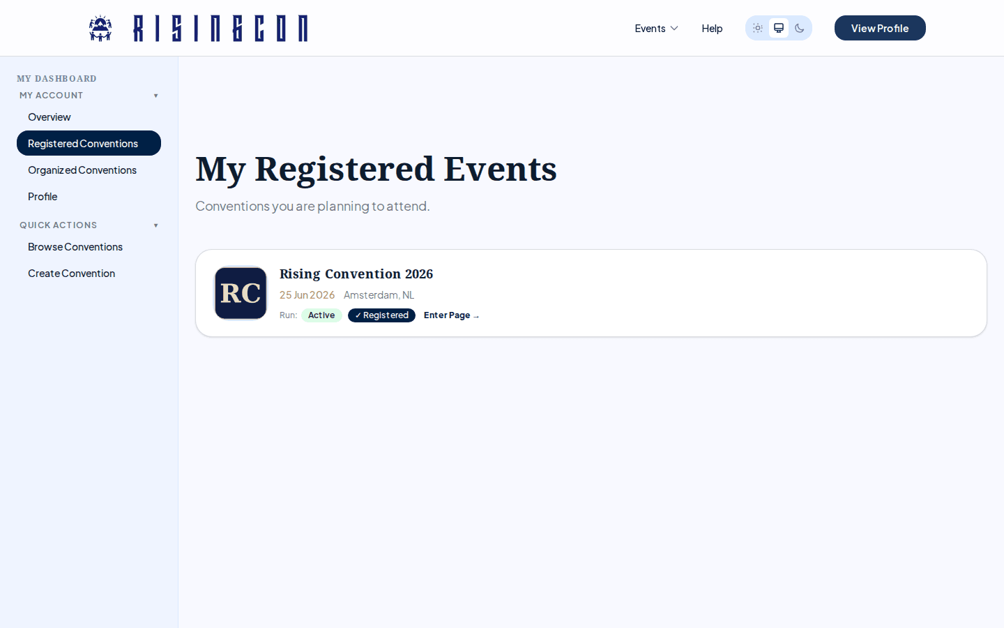 The My Registered Events dashboard page showing registered conventions or an empty state