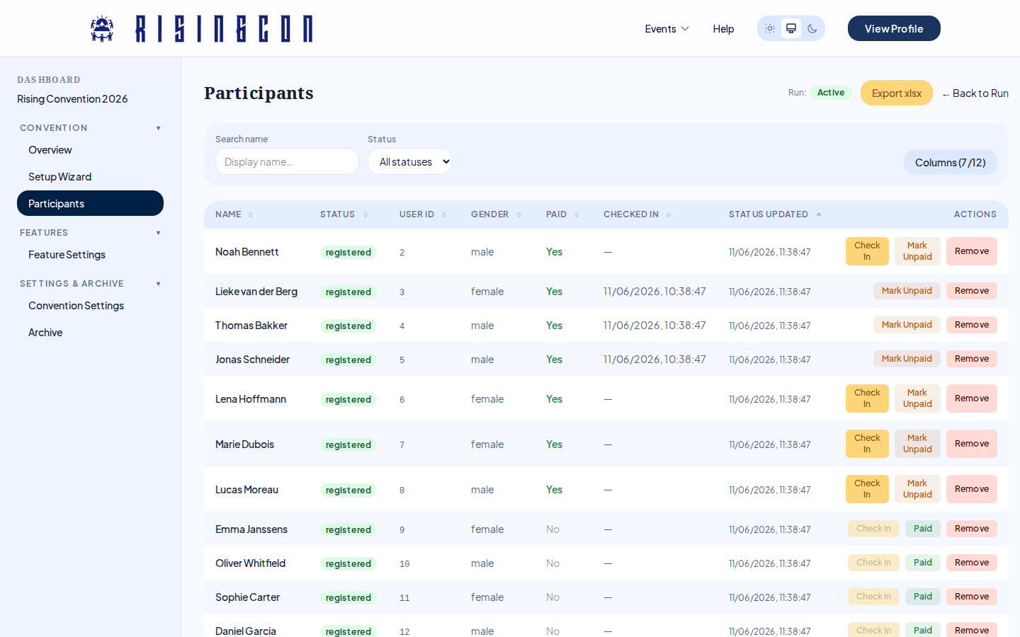 The participants table showing registered attendees with status badges, check-in timestamps, and filter controls