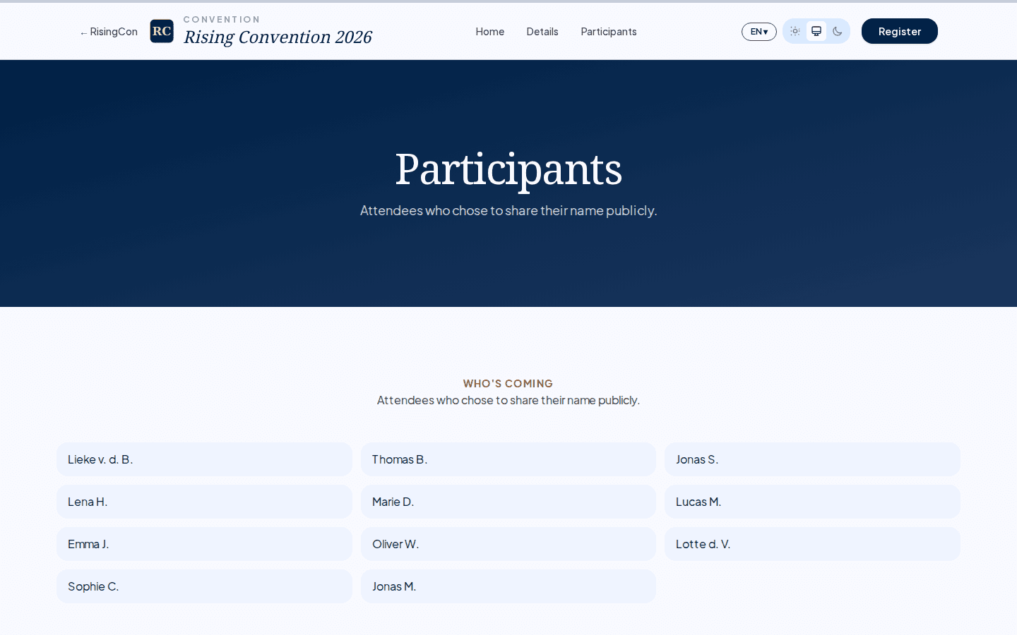 The public participants page showing a grid of attendees who consented to appear, with surnames shortened to initials