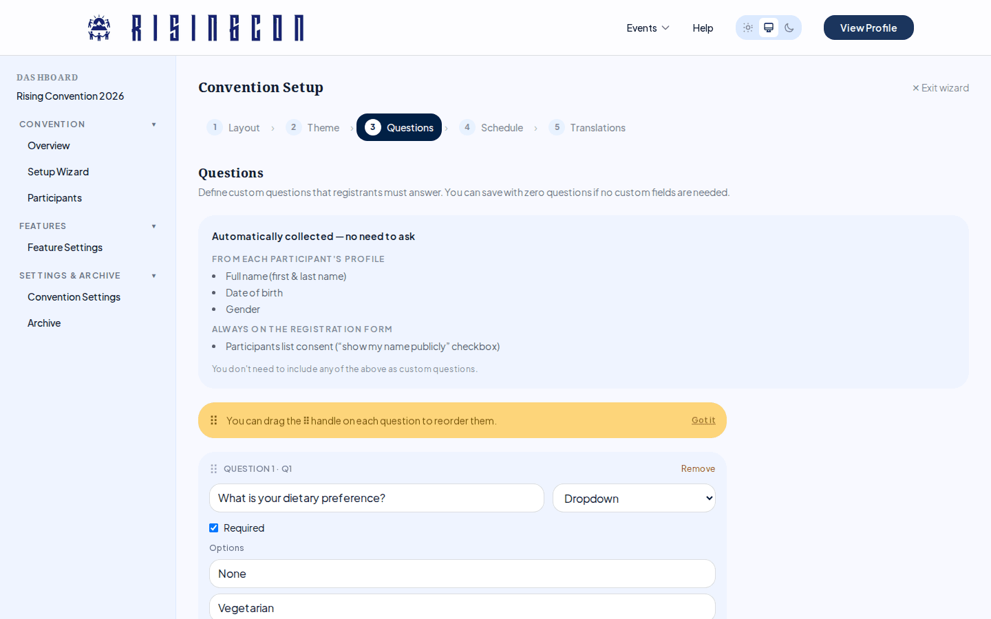 The registration questions editor showing example questions of different types with drag handles and configuration options
