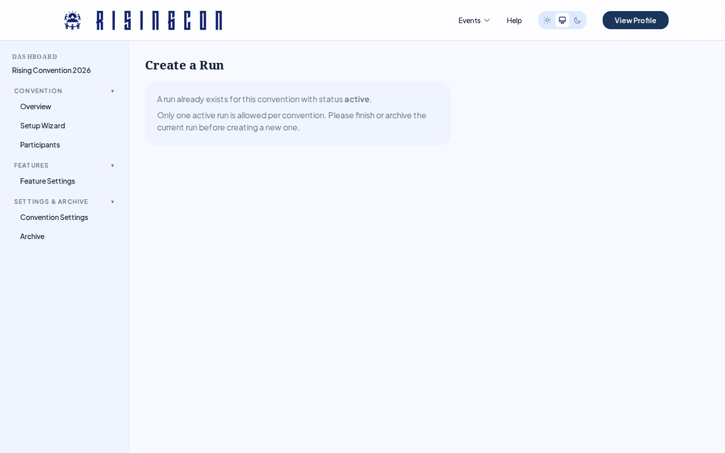 The Create Run form showing date, location, and registration fields