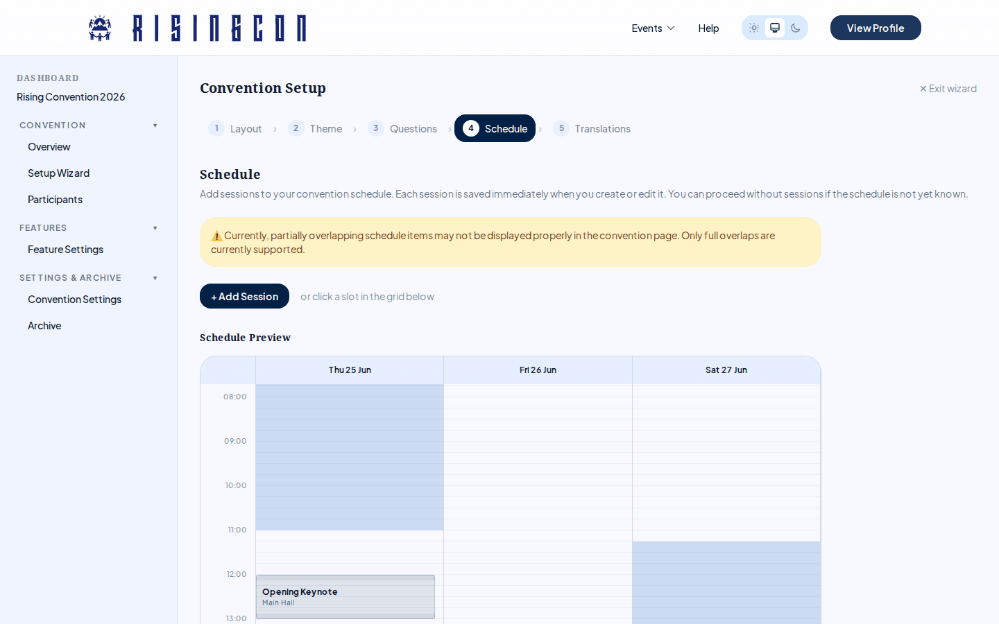 The schedule grid editor showing multiple days as columns with session blocks placed at various time slots
