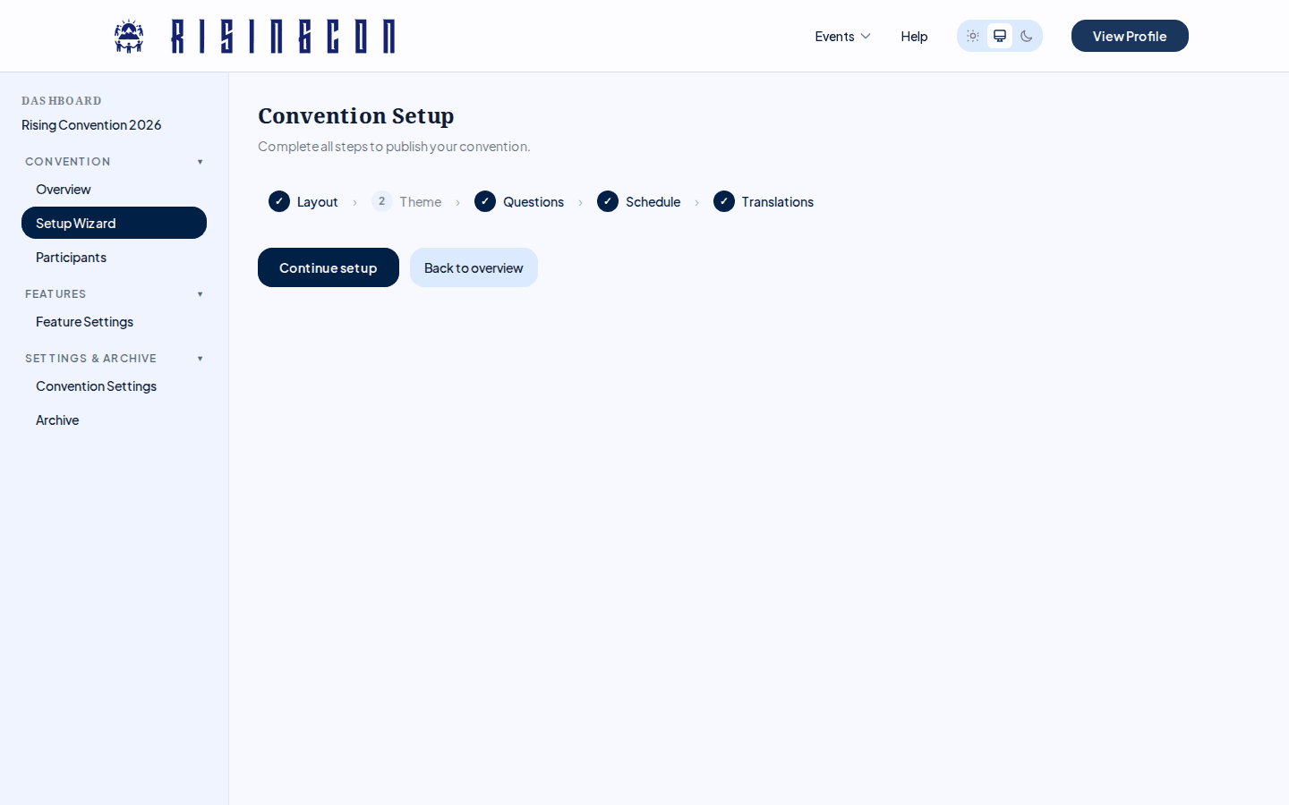 The setup wizard overview showing five steps with completion checkmarks for Layout, Theme, and Translations