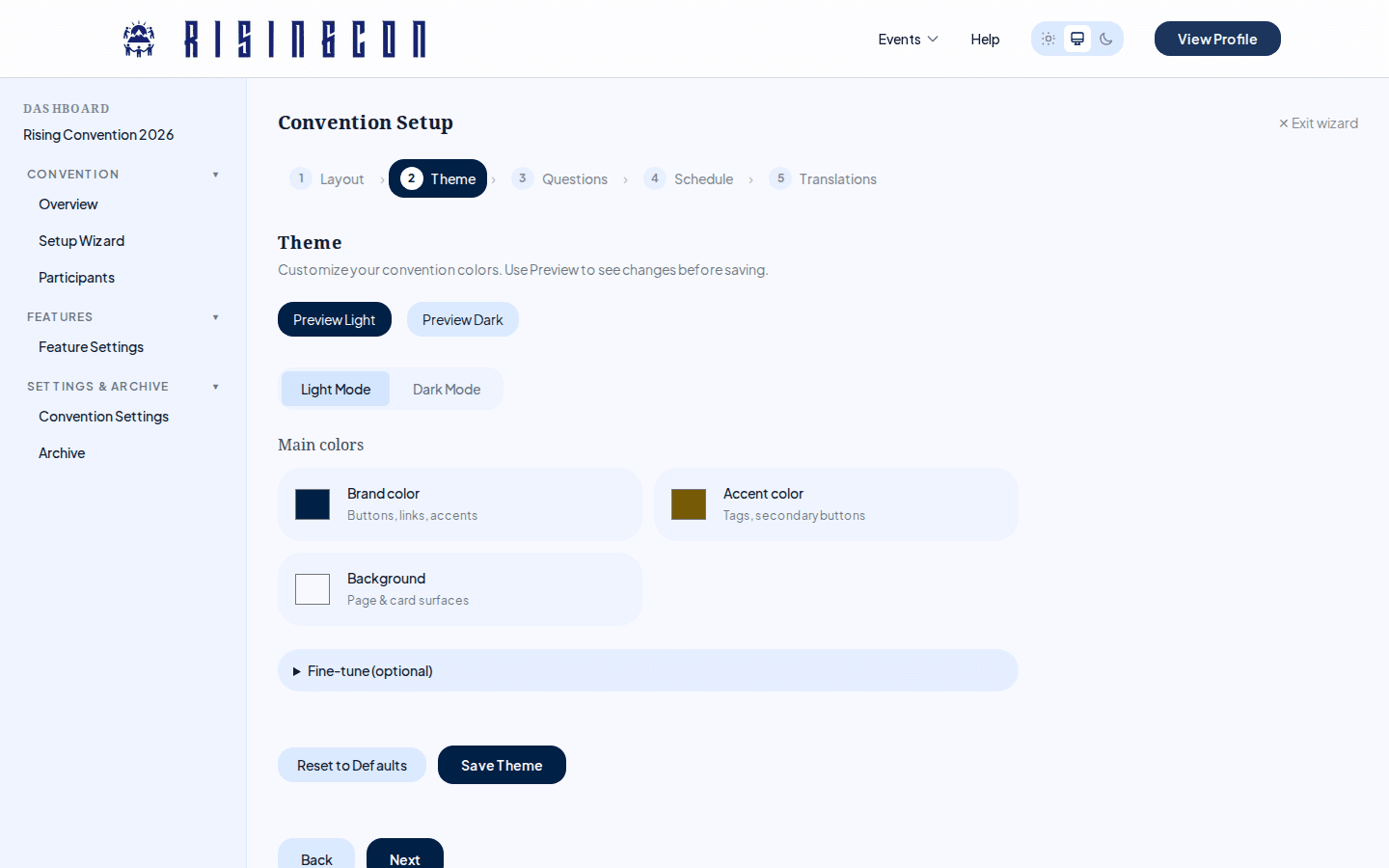 The theme colour editor with Light Mode and Dark Mode tabs, showing the three essential colour swatches and the collapsible fine-tune drawer